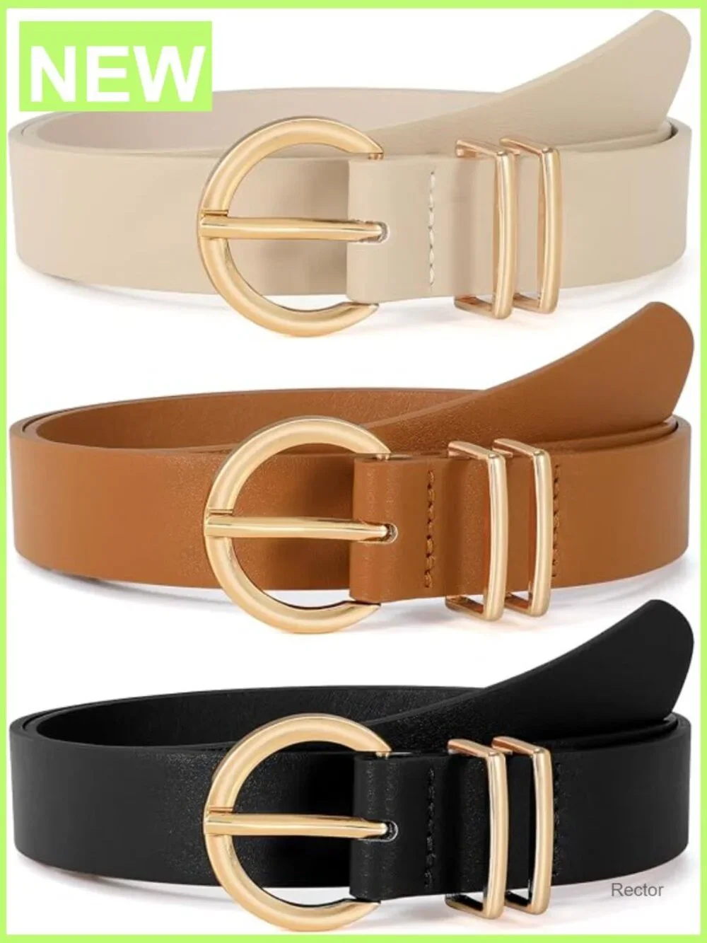 3-Pack Women's Faux Leather Belts with Gold Buckle